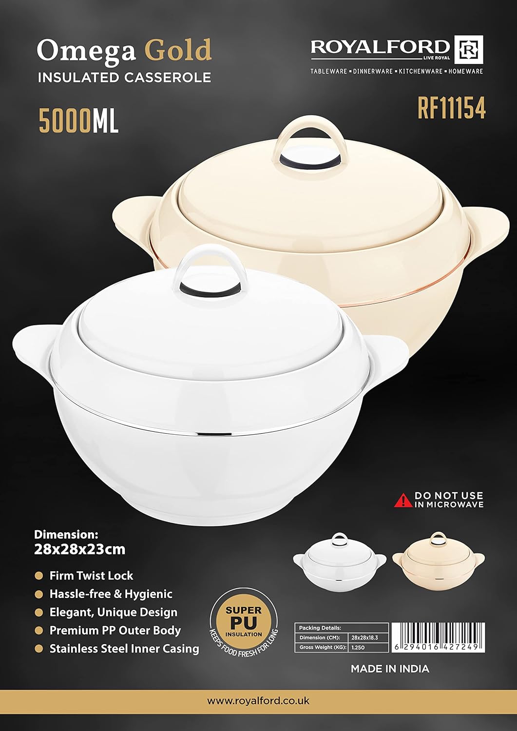 Royalford Omega Gold Series 5000ML Insulated Casserole RF11154 – Elegant White Design for Long - Lasting Heat Retention - Al Kabayel Discount CentreRoyalford Omega Gold Series 5000ML Insulated Casserole RF11154 – Elegant White Design for Long - Lasting Heat RetentionCasserolesROYALFORDAl Kabayel Discount Centre