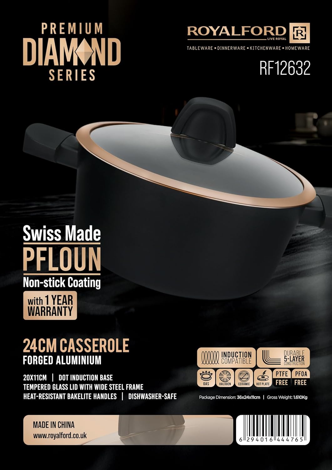 ROYALFORD Premium Diamond Series Casserole 24cm x 11cm, Forged Aluminum - Al Kabayel Discount CentreROYALFORD Premium Diamond Series Casserole 24cm x 11cm, Forged AluminumCasseroles & Stock PotsROYALFORDAl Kabayel Discount Centre