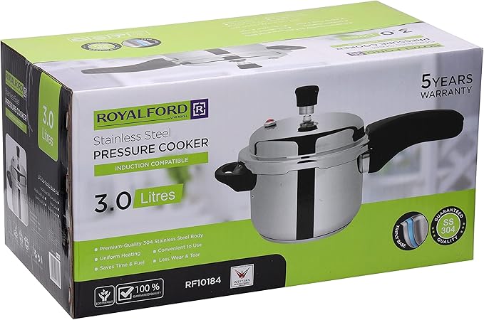 Royalford RF10184 3.0Ltr Stainless Steel Pressure Cooker - Portable Cool Touch Handle With Steam Vent Ideal For Rice, Meat, & More, Multi - Al Kabayel Discount CentreRoyalford RF10184 3.0Ltr Stainless Steel Pressure Cooker - Portable Cool Touch Handle With Steam Vent Ideal For Rice, Meat, & More, MultiPressure CookersROYALFORDAl Kabayel Discount Centre