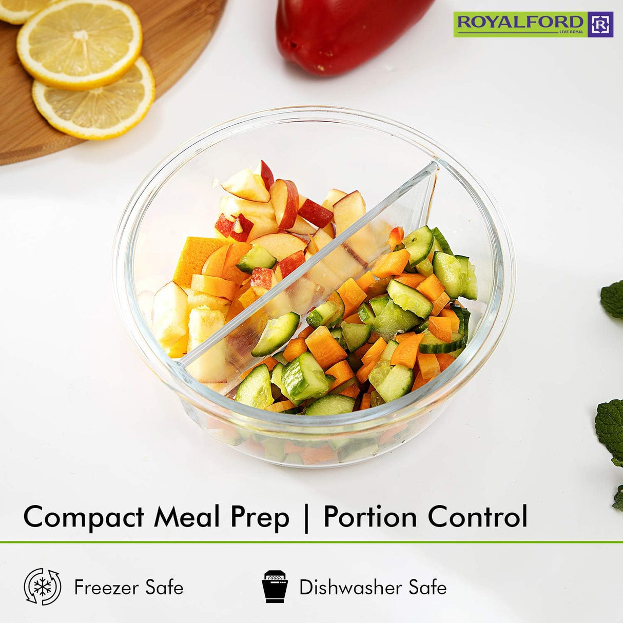 ROYALFORD Round Borosilicate 2 Compartment Glass Air - Tight Container 950ml, 172mm*65mm - RF9216 - Al Kabayel Discount CentreROYALFORD Round Borosilicate 2 Compartment Glass Air - Tight Container 950ml, 172mm*65mm - RF9216Food ContainersROYALFORDAl Kabayel Discount Centre