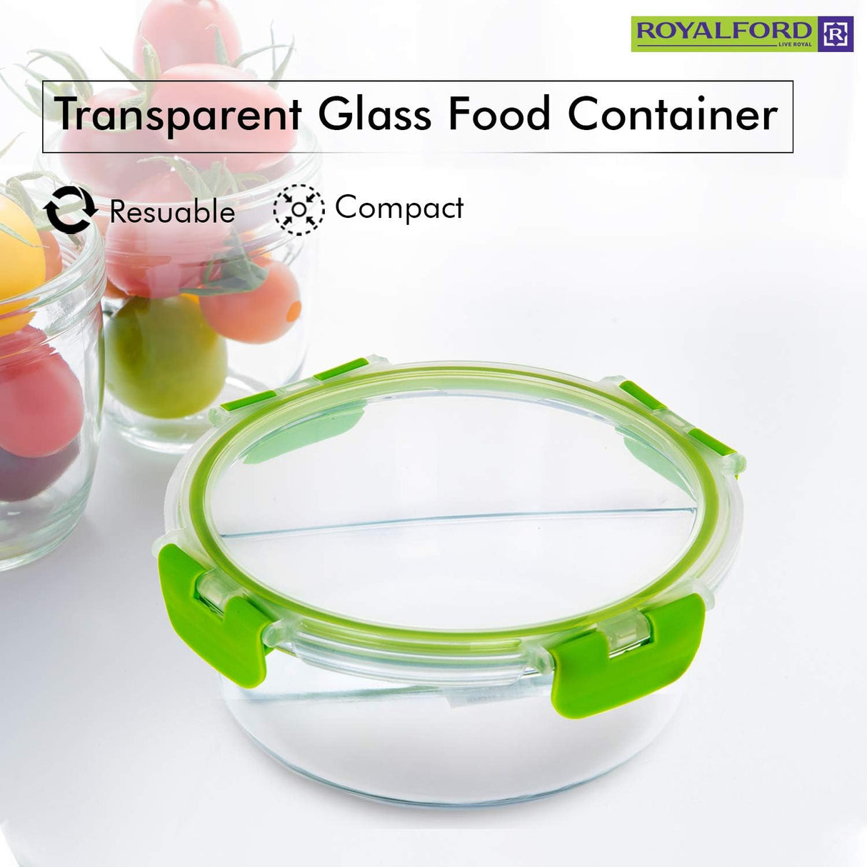 ROYALFORD Round Borosilicate 2 Compartment Glass Air - Tight Container 950ml, 172mm*65mm - RF9216 - Al Kabayel Discount CentreROYALFORD Round Borosilicate 2 Compartment Glass Air - Tight Container 950ml, 172mm*65mm - RF9216Food ContainersROYALFORDAl Kabayel Discount Centre