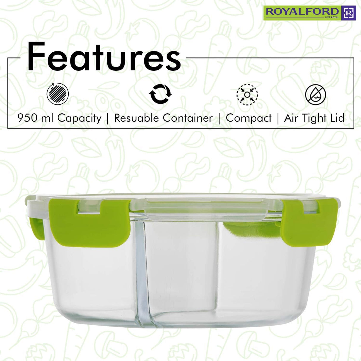 ROYALFORD Round Borosilicate 2 Compartment Glass Air - Tight Container 950ml, 172mm*65mm - RF9216 - Al Kabayel Discount CentreROYALFORD Round Borosilicate 2 Compartment Glass Air - Tight Container 950ml, 172mm*65mm - RF9216Food ContainersROYALFORDAl Kabayel Discount Centre