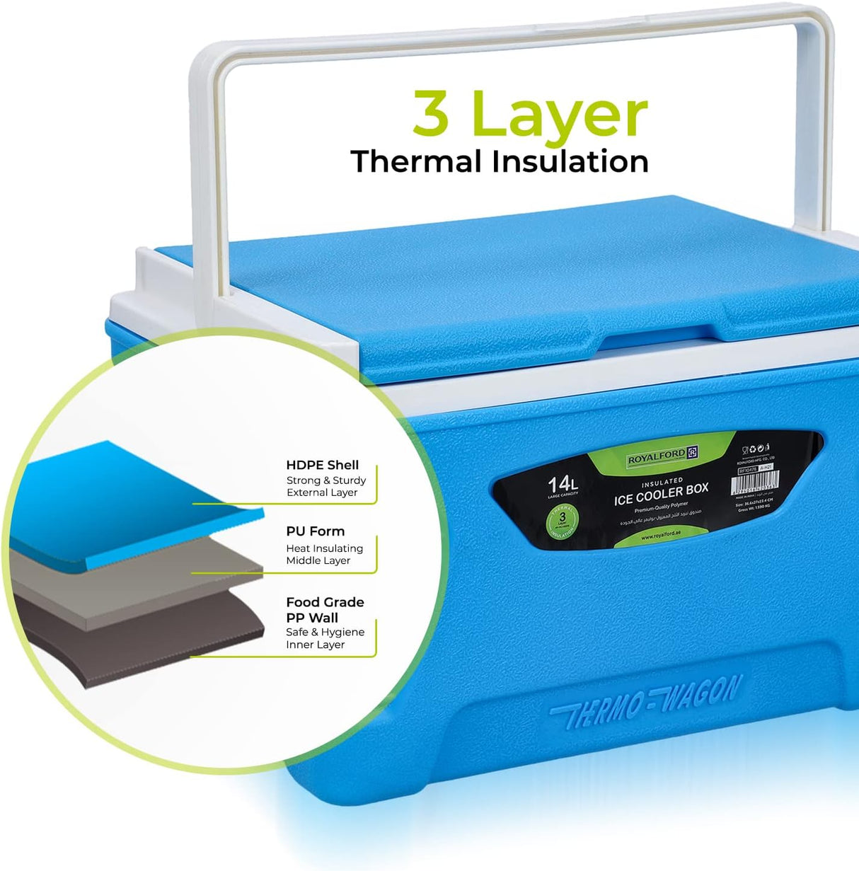 Royalford Thermo - Wagon Insulated Ice Cooler Box 14L, 3 - Layer PP - PU - HDPE Thermal Insulation, Blue - RF10478 - Al Kabayel Discount CentreRoyalford Thermo - Wagon Insulated Ice Cooler Box 14L, 3 - Layer PP - PU - HDPE Thermal Insulation, Blue - RF10478CoolersROYALFORDAl Kabayel Discount Centre