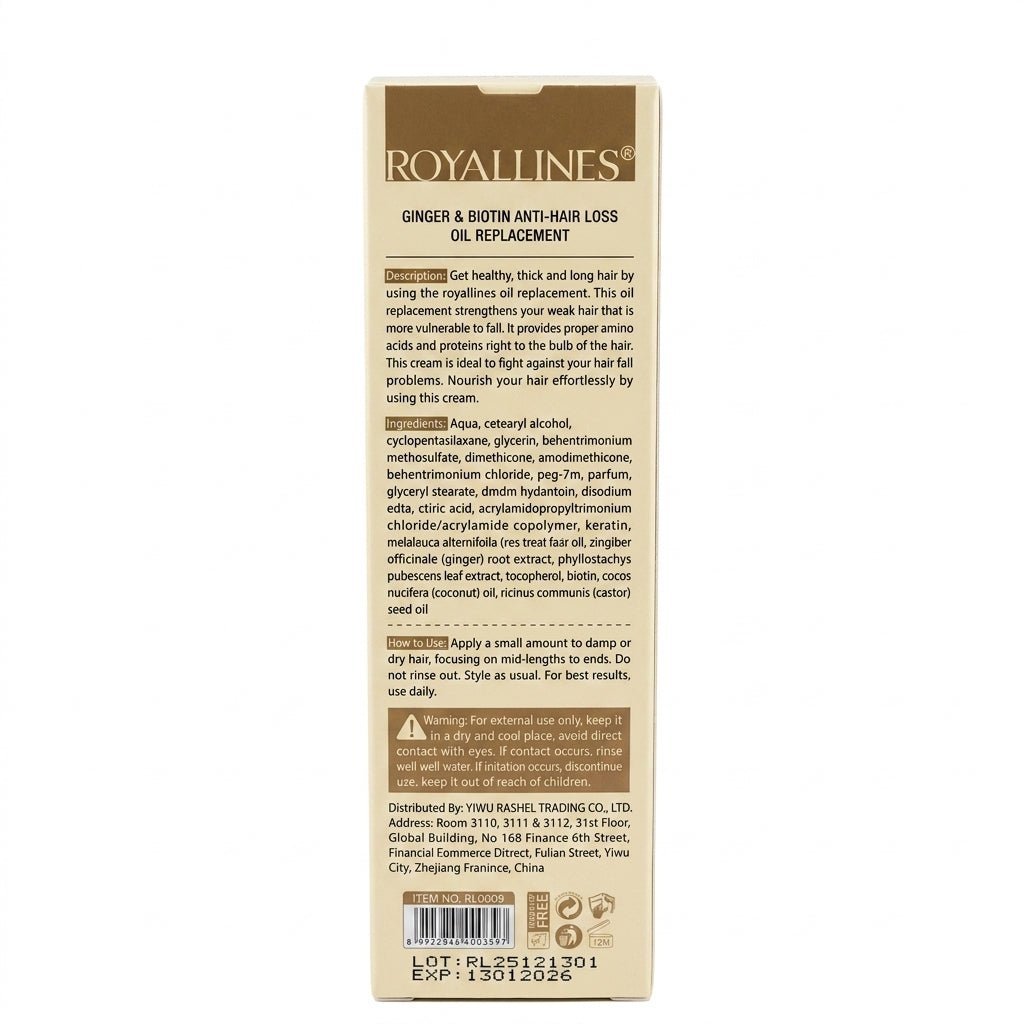 Royallines Ginger & Biotin Anti-Hair Loss Oil Replacement – 250ml - Al Kabayel Discount CentreRoyallines Ginger & Biotin Anti-Hair Loss Oil Replacement – 250mlHair CareROYALLINESAl Kabayel Discount Centre