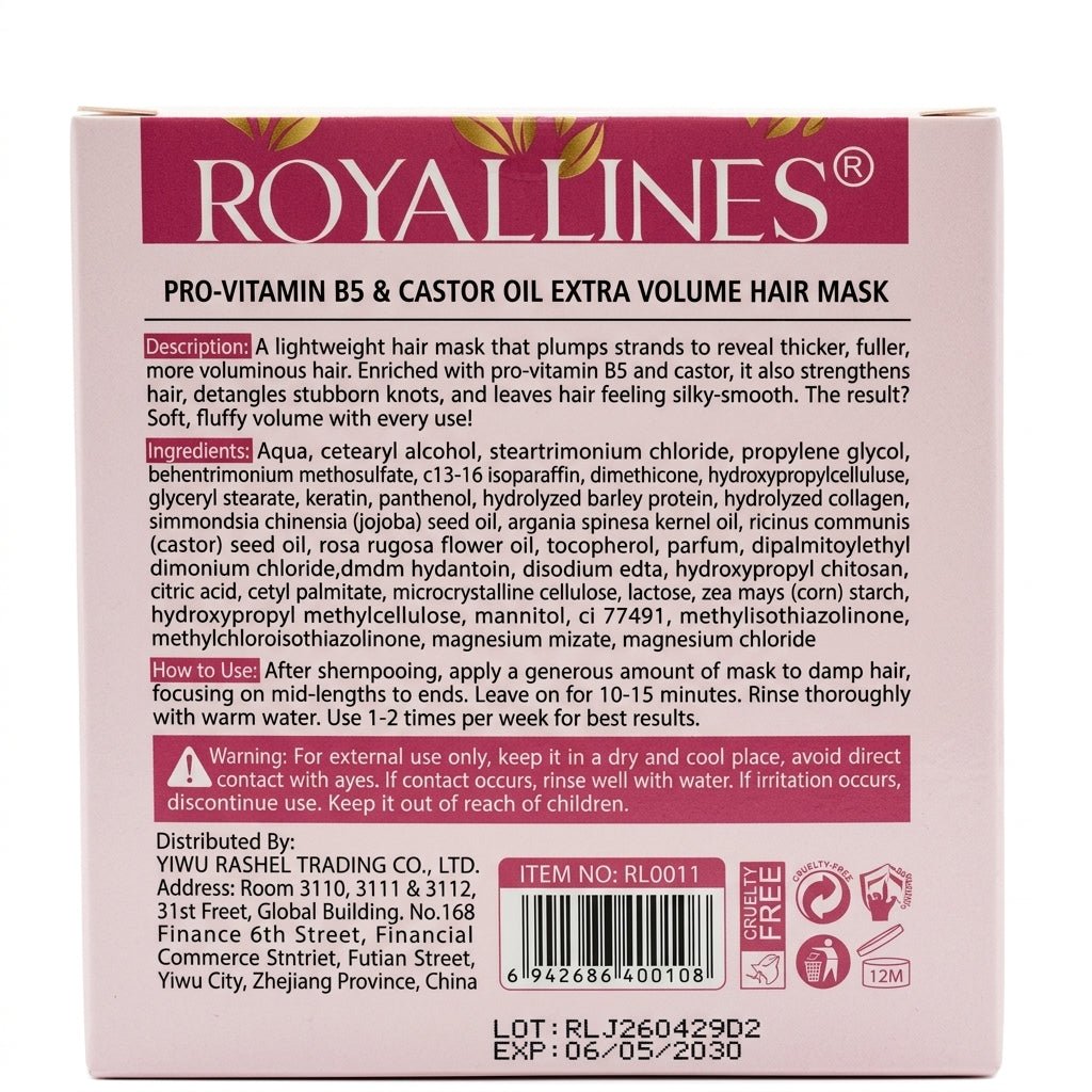Royallines Pro-Vitamin B5 & Castor Oil Extra Volume Hair Mask 450ml - Al Kabayel Discount CentreRoyallines Pro-Vitamin B5 & Castor Oil Extra Volume Hair Mask 450mlHair MasksROYALLINESAl Kabayel Discount Centre