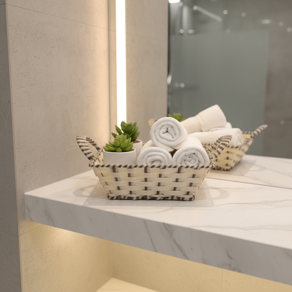 Rustic Cream & White Handwoven Rectangular Rattan Storage and Carry Basket with Durable Handle 29×23 cm - Al Kabayel Discount CentreRustic Cream & White Handwoven Rectangular Rattan Storage and Carry Basket with Durable Handle 29×23 cmRattanAKDCAl Kabayel Discount Centre