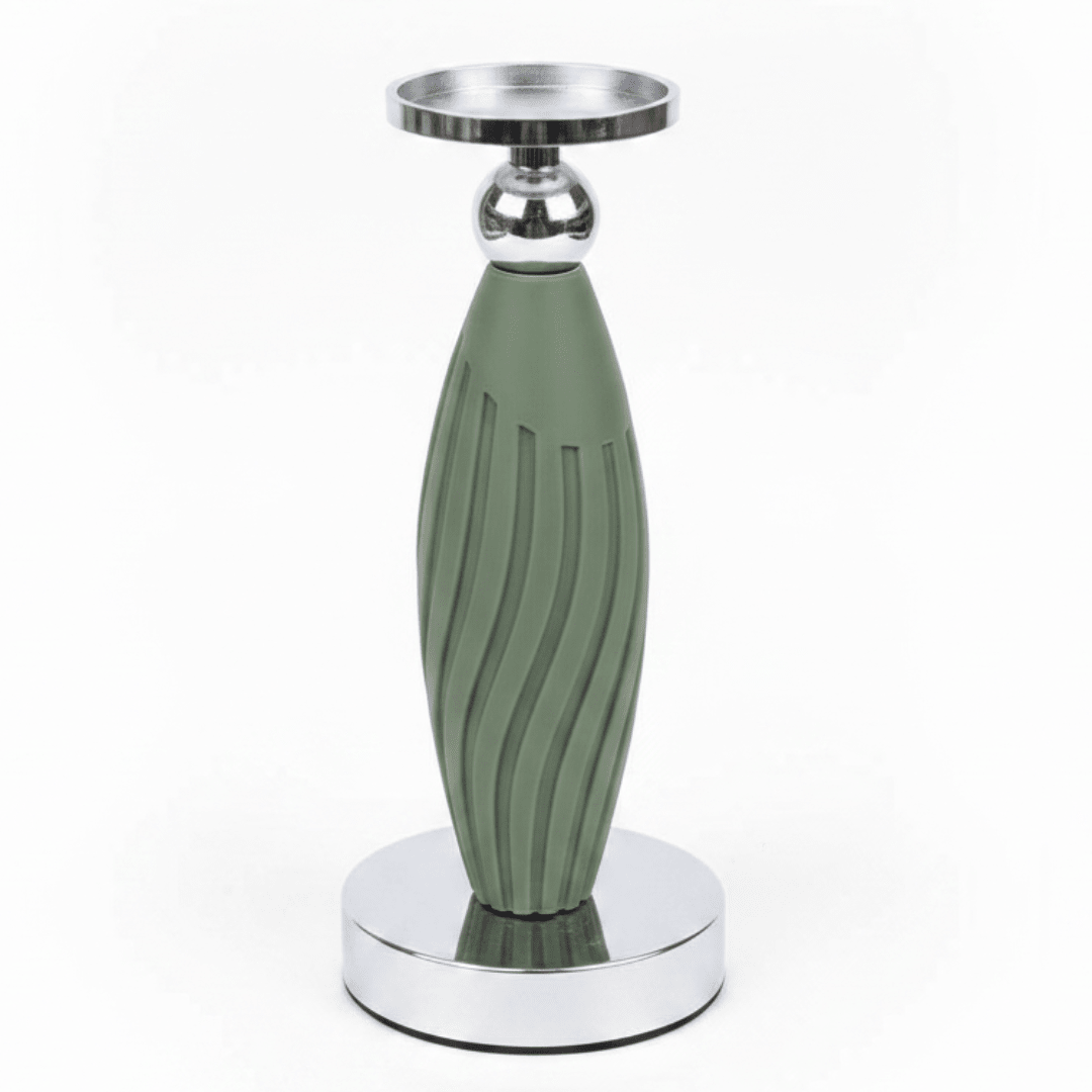 Sage Green Plastic & Metal Textured Pillar Candle Holder with Chrome Accents – 22.5cm - Al Kabayel Discount CentreSage Green Plastic & Metal Textured Pillar Candle Holder with Chrome Accents – 22.5cmHome Décor AccentsAKDCAl Kabayel Discount Centre
