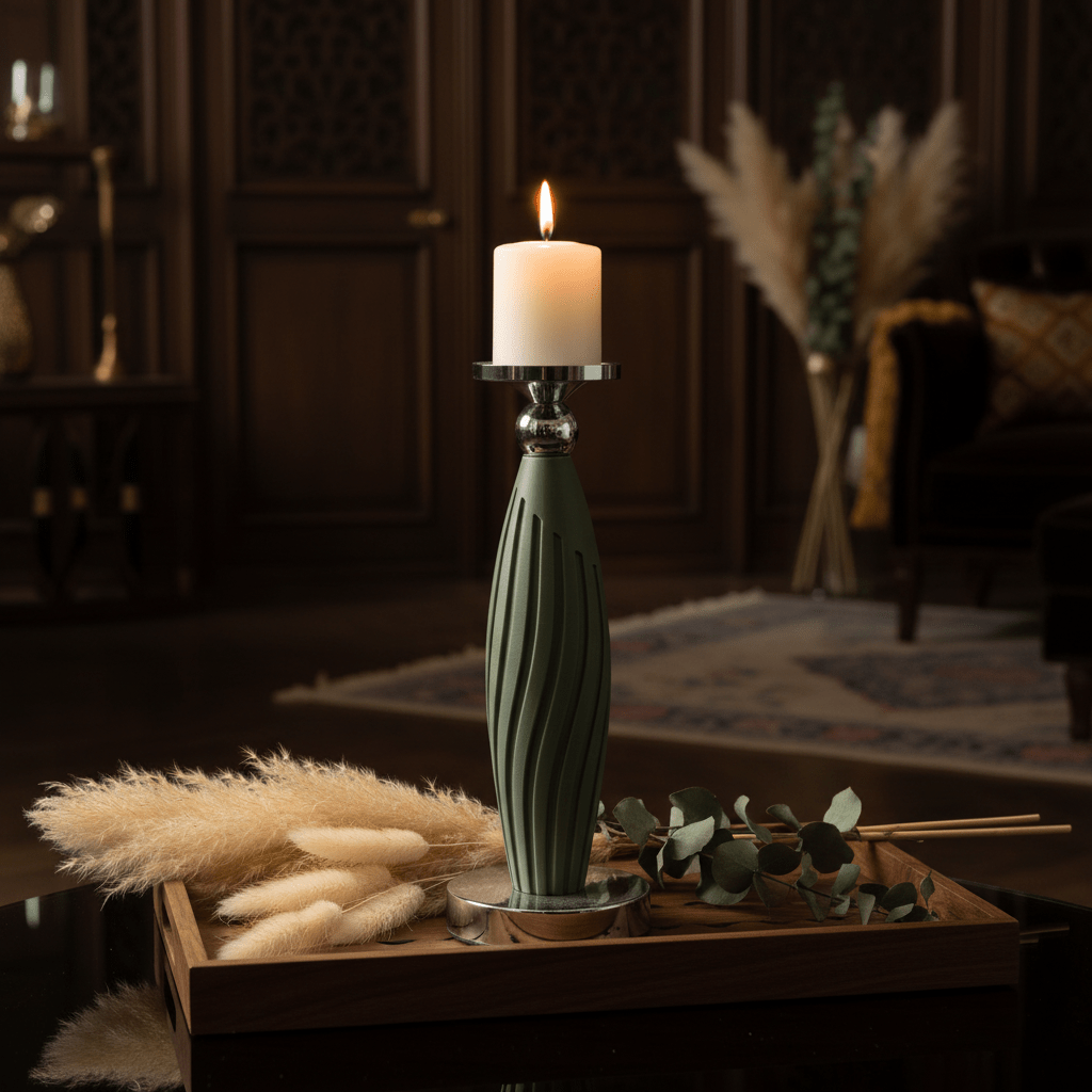 Sage Green Plastic & Metal Textured Pillar Candle Holder with Chrome Accents – 29cm - Al Kabayel Discount CentreSage Green Plastic & Metal Textured Pillar Candle Holder with Chrome Accents – 29cmHome Décor AccentsAKDCAl Kabayel Discount Centre
