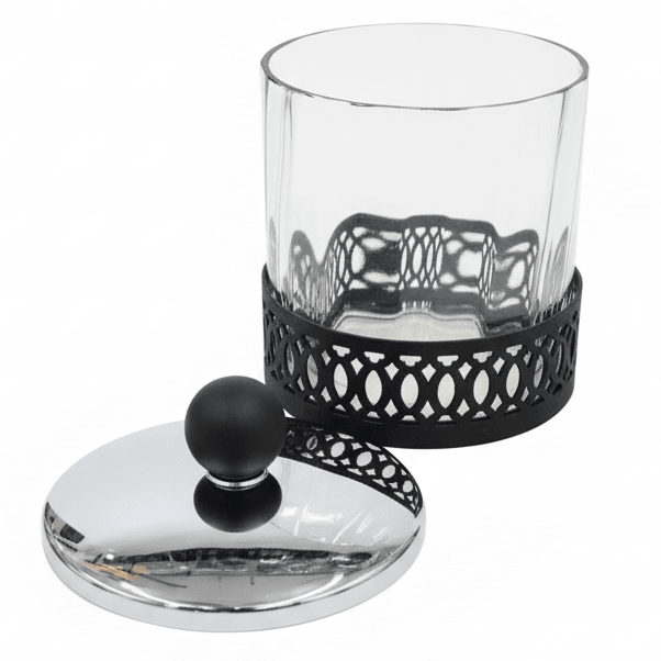 SBTC Glass Container with Metal Holder – Silver & Black Luxury Finish, Multipurpose Storage Jar, 4 × 4 Inch - Al Kabayel Discount CentreSBTC Glass Container with Metal Holder – Silver & Black Luxury Finish, Multipurpose Storage Jar, 4 × 4 InchJars & Food SaversSBTCAl Kabayel Discount Centre