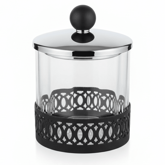 SBTC Glass Container with Metal Holder – Silver & Black Luxury Finish, Multipurpose Storage Jar, 4 × 4 Inch - Al Kabayel Discount CentreSBTC Glass Container with Metal Holder – Silver & Black Luxury Finish, Multipurpose Storage Jar, 4 × 4 InchJars & Food SaversSBTCAl Kabayel Discount Centre