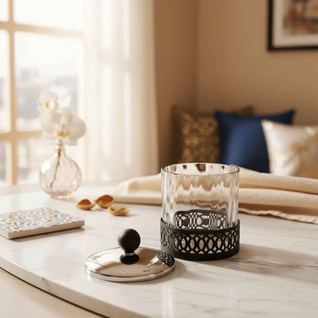 SBTC Glass Container with Metal Holder – Silver & Black Luxury Finish, Multipurpose Storage Jar, 4 × 4 Inch - Al Kabayel Discount CentreSBTC Glass Container with Metal Holder – Silver & Black Luxury Finish, Multipurpose Storage Jar, 4 × 4 InchJars & Food SaversSBTCAl Kabayel Discount Centre