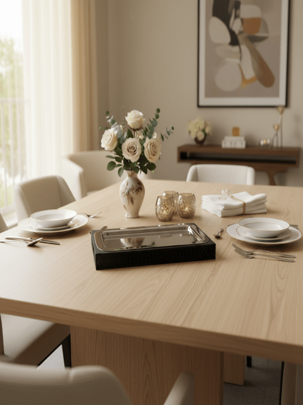 SBTC Rectangular Decorative Metal Serving Tray – Silver Body with Black Contrast Design, Multipurpose Dining & Tea Tray, 34 × 18 cm - Al Kabayel Discount CentreSBTC Rectangular Decorative Metal Serving Tray – Silver Body with Black Contrast Design, Multipurpose Dining & Tea Tray, 34 × 18 cmServing TraysSBTCAl Kabayel Discount Centre