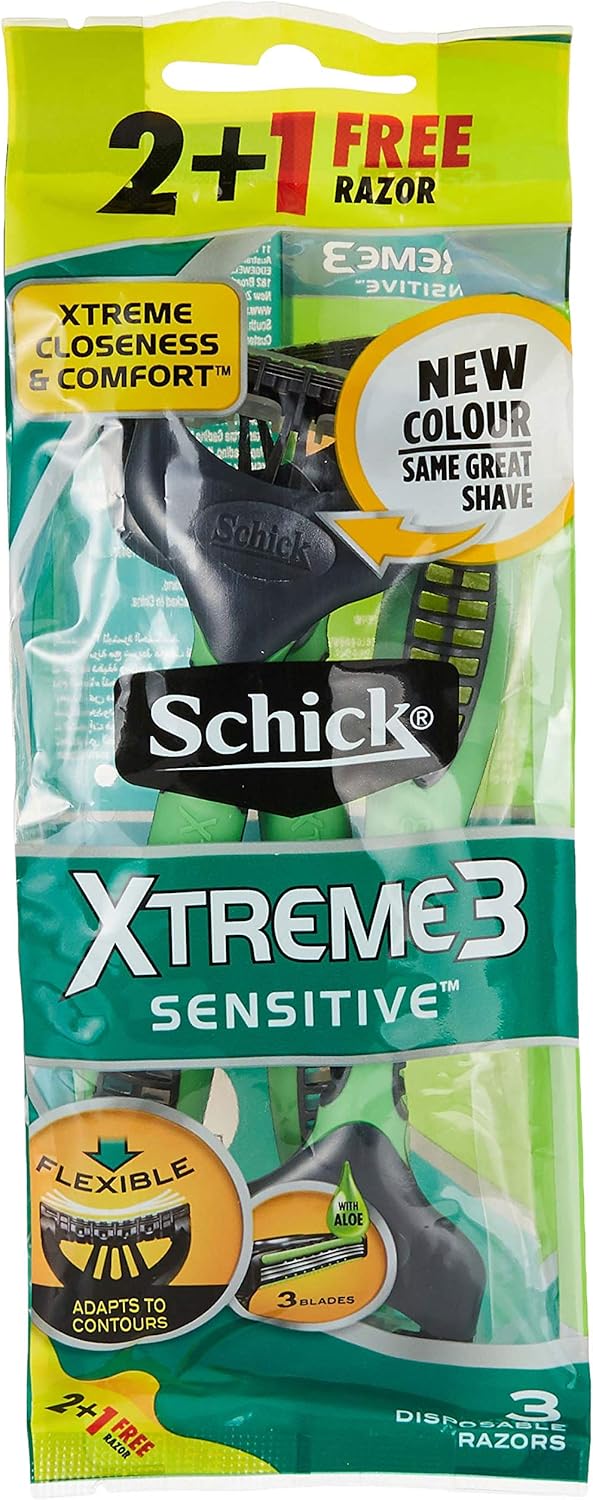 Schick Xtreme3 Sensitive Tripple Blade Disposable Razor For Men - Strip Enriched With Aloe Vera - Close & Comfortable Shave - No Irritation - Flexible Head - No - Slip Grip Handle - Easy Rinse - 2+1 Razors - Al Kabayel Discount CentreSchick Xtreme3 Sensitive Tripple Blade Disposable Razor For Men - Strip Enriched With Aloe Vera - Close & Comfortable Shave - No Irritation - Flexible Head - No - Slip Grip Handle - Easy Rinse - 2+1 RazorsPersonal Care & Styling ToolsSCHICKAl Kabayel Discount Centre