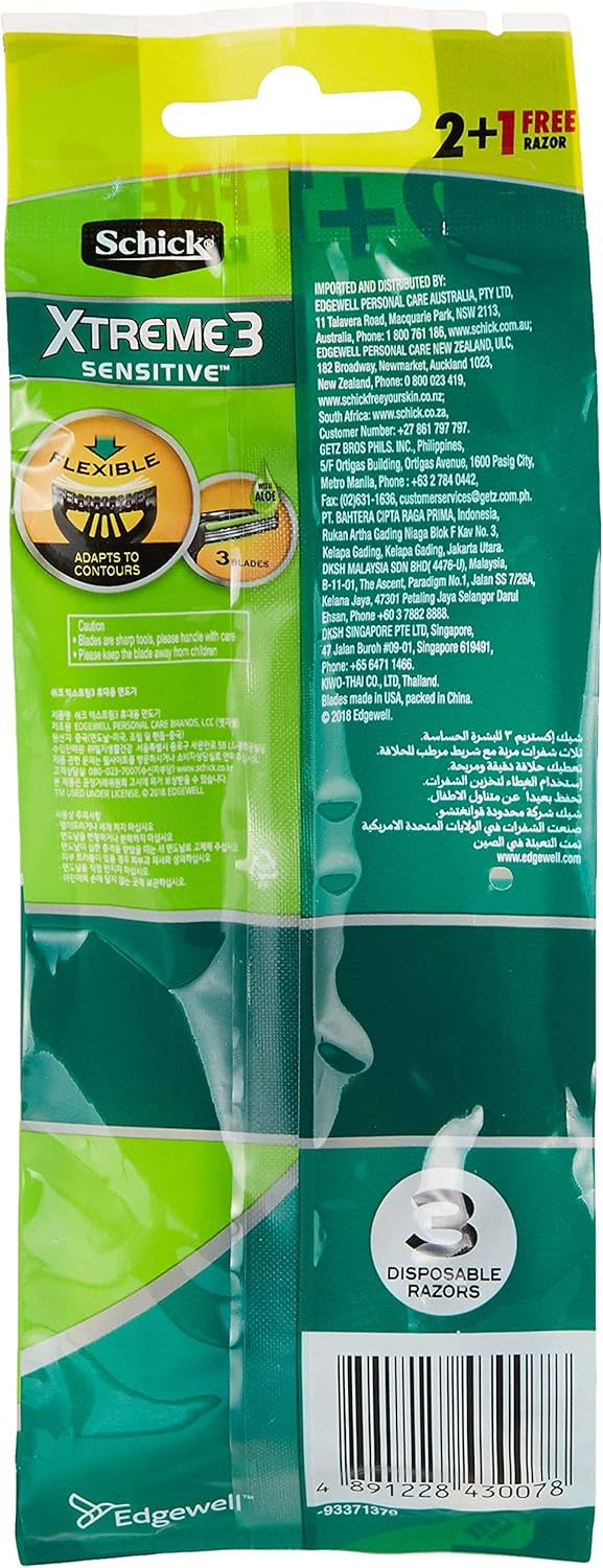 Schick Xtreme3 Sensitive Tripple Blade Disposable Razor For Men - Strip Enriched With Aloe Vera - Close & Comfortable Shave - No Irritation - Flexible Head - No - Slip Grip Handle - Easy Rinse - 2+1 Razors - Al Kabayel Discount CentreSchick Xtreme3 Sensitive Tripple Blade Disposable Razor For Men - Strip Enriched With Aloe Vera - Close & Comfortable Shave - No Irritation - Flexible Head - No - Slip Grip Handle - Easy Rinse - 2+1 RazorsPersonal Care & Styling ToolsSCHICKAl Kabayel Discount Centre