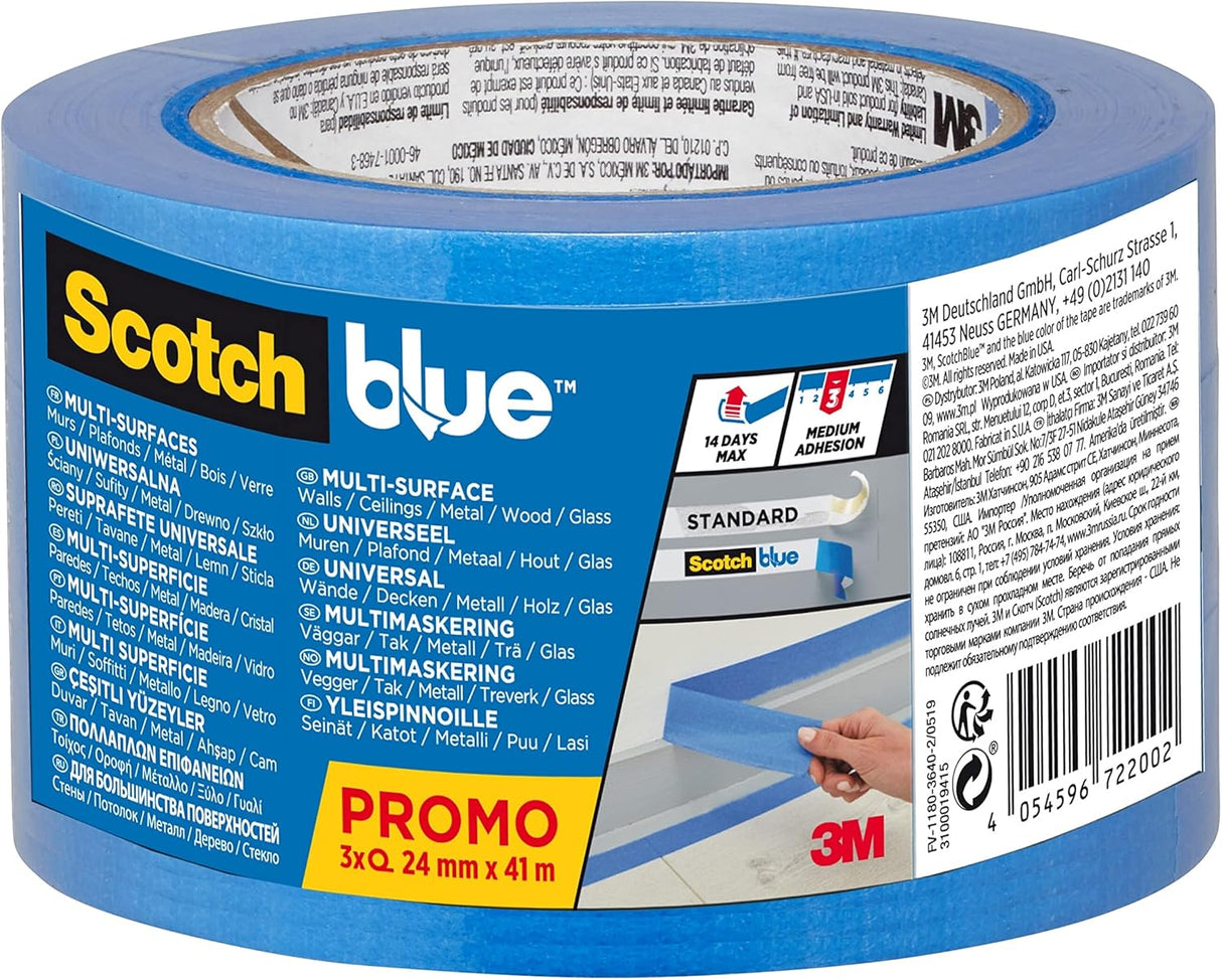 Scotch Blue Premium Masking Tape 24mm x 41m, 3 rolls/pack | Blue color | Masking and Protection | High adhesion | Multi - Surface | For walls, ceiling, metal, wood | Easy to Remove with no residue - Al Kabayel Discount CentreScotch Blue Premium Masking Tape 24mm x 41m, 3 rolls/pack | Blue color | Masking and Protection | High adhesion | Multi - Surface | For walls, ceiling, metal, wood | Easy to Remove with no residueTapes & Packaging Tapes3MAl Kabayel Discount Centre