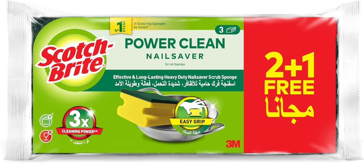 Scotch - Brite Power Clean Nail Saver Scrub Sponge, 3units (2+1 Free)/pack - Al Kabayel Discount CentreScotch - Brite Power Clean Nail Saver Scrub Sponge, 3units (2+1 Free)/packCleaning SuppliesSCOTCH - BRITEAl Kabayel Discount Centre