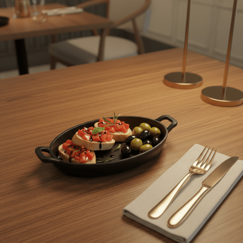 Servewell Black Oval Melamine Serving Plate with Handle 8 inch Medium Size Dish for Serving Snacks and Starters in Style - Al Kabayel Discount CentreServewell Black Oval Melamine Serving Plate with Handle 8 inch Medium Size Dish for Serving Snacks and Starters in StyleServing TraysSERVEWELLAl Kabayel Discount Centre