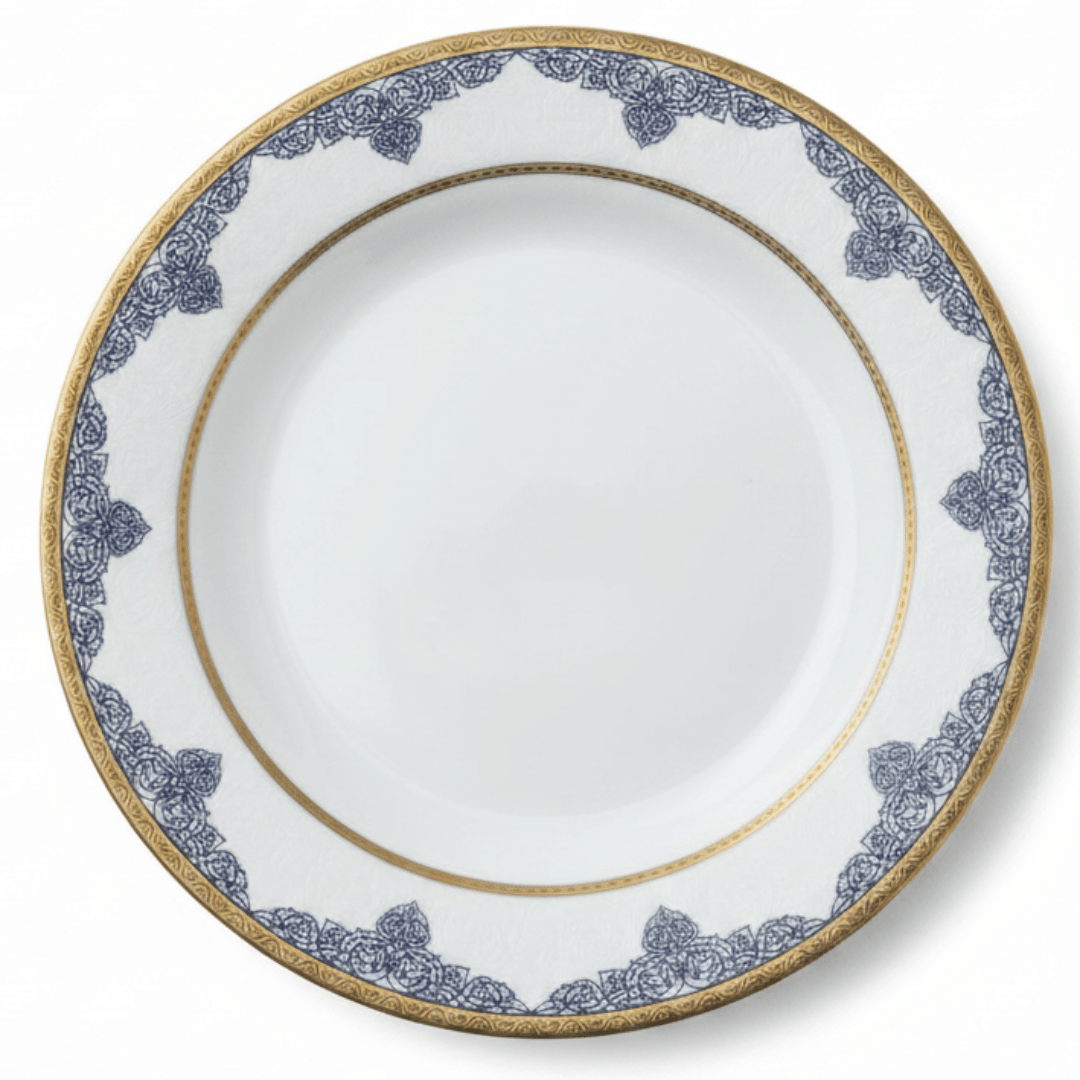 Shallow White Porcelain Dessert Plate with Golden Rim & Navy Blue Floral Design — 8 Inch - Al Kabayel Discount CentreShallow White Porcelain Dessert Plate with Golden Rim & Navy Blue Floral Design — 8 InchPlatesSHALLOWAl Kabayel Discount Centre