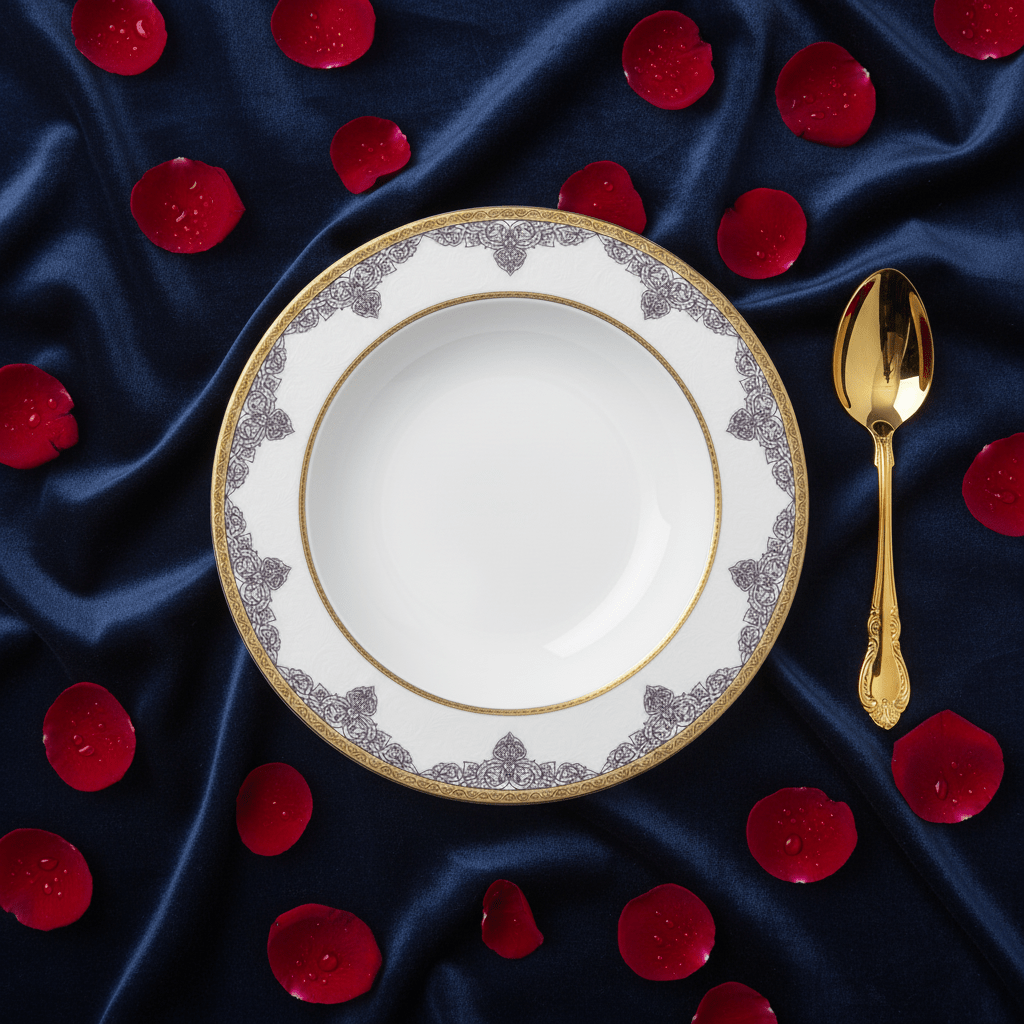Shallow White Porcelain Soup Plate with Gold Arabesque Rim | 9 Inch | Fine Dining Serveware - Al Kabayel Discount CentreShallow White Porcelain Soup Plate with Gold Arabesque Rim | 9 Inch | Fine Dining ServewarePlatesSHALLOWAl Kabayel Discount Centre
