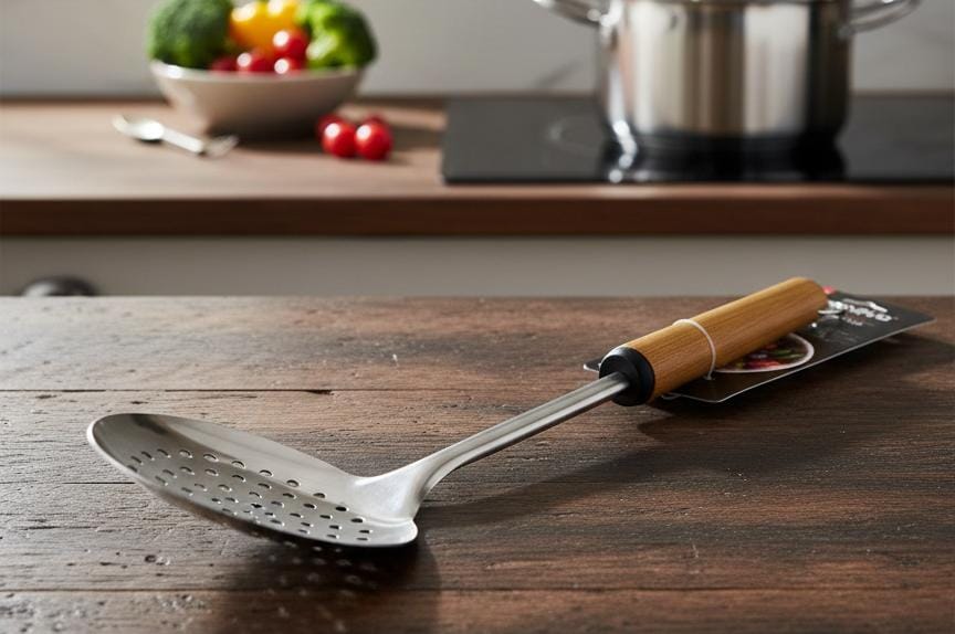 Shengya Stainless Steel Slotted Skimmer with Wooden Handle – Professional - Grade Frying & Draining Tool (33 cm) - Al Kabayel Discount CentreShengya Stainless Steel Slotted Skimmer with Wooden Handle – Professional - Grade Frying & Draining Tool (33 cm)Spatulas And SpoonsSHENGYAAl Kabayel Discount Centre