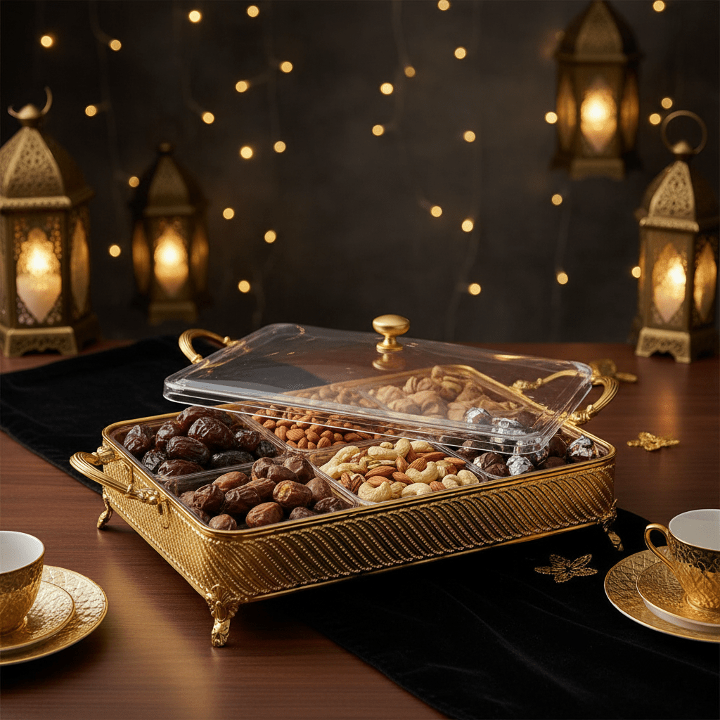 Silu 6 - Section Acrylic Candy Display Box with Gold Metal Holder – Elegant Organizer for Dry Fruits, Nuts & Chocolates – 35 × 28 cm - Al Kabayel Discount CentreSilu 6 - Section Acrylic Candy Display Box with Gold Metal Holder – Elegant Organizer for Dry Fruits, Nuts & Chocolates – 35 × 28 cmJars & Food SaversSILUAl Kabayel Discount Centre