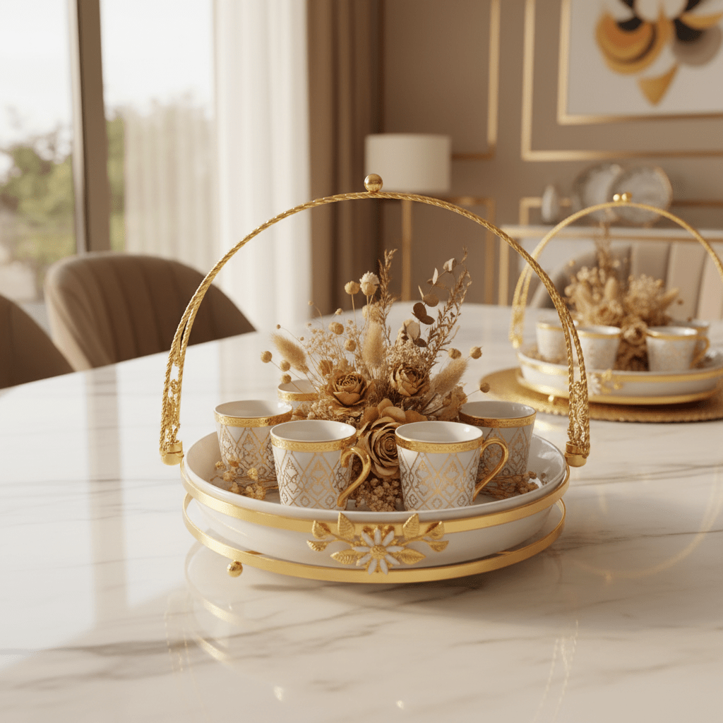 Silu White Ceramic Round Serving Tray with Ornate Golden Metal Base & Arched Handle – 10 Inch - Al Kabayel Discount CentreSilu White Ceramic Round Serving Tray with Ornate Golden Metal Base & Arched Handle – 10 InchServing TraysSILUAl Kabayel Discount Centre