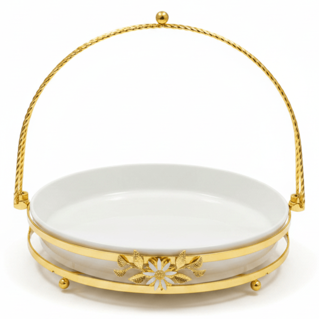 Silu White Ceramic Round Serving Tray with Ornate Golden Metal Base & Arched Handle – 10 Inch - Al Kabayel Discount CentreSilu White Ceramic Round Serving Tray with Ornate Golden Metal Base & Arched Handle – 10 InchServing TraysSILUAl Kabayel Discount Centre