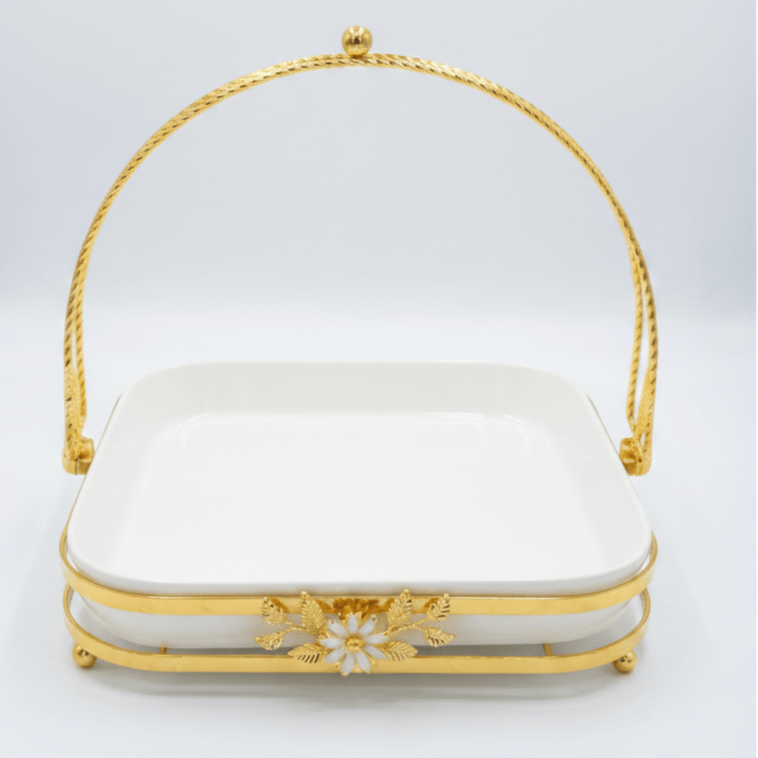 Silu White Ceramic Square Serving Tray with Ornate Golden Metal Arch Handle & Lotus Base — 10 Inch - Al Kabayel Discount CentreSilu White Ceramic Square Serving Tray with Ornate Golden Metal Arch Handle & Lotus Base — 10 InchServing TraysSILUAl Kabayel Discount Centre