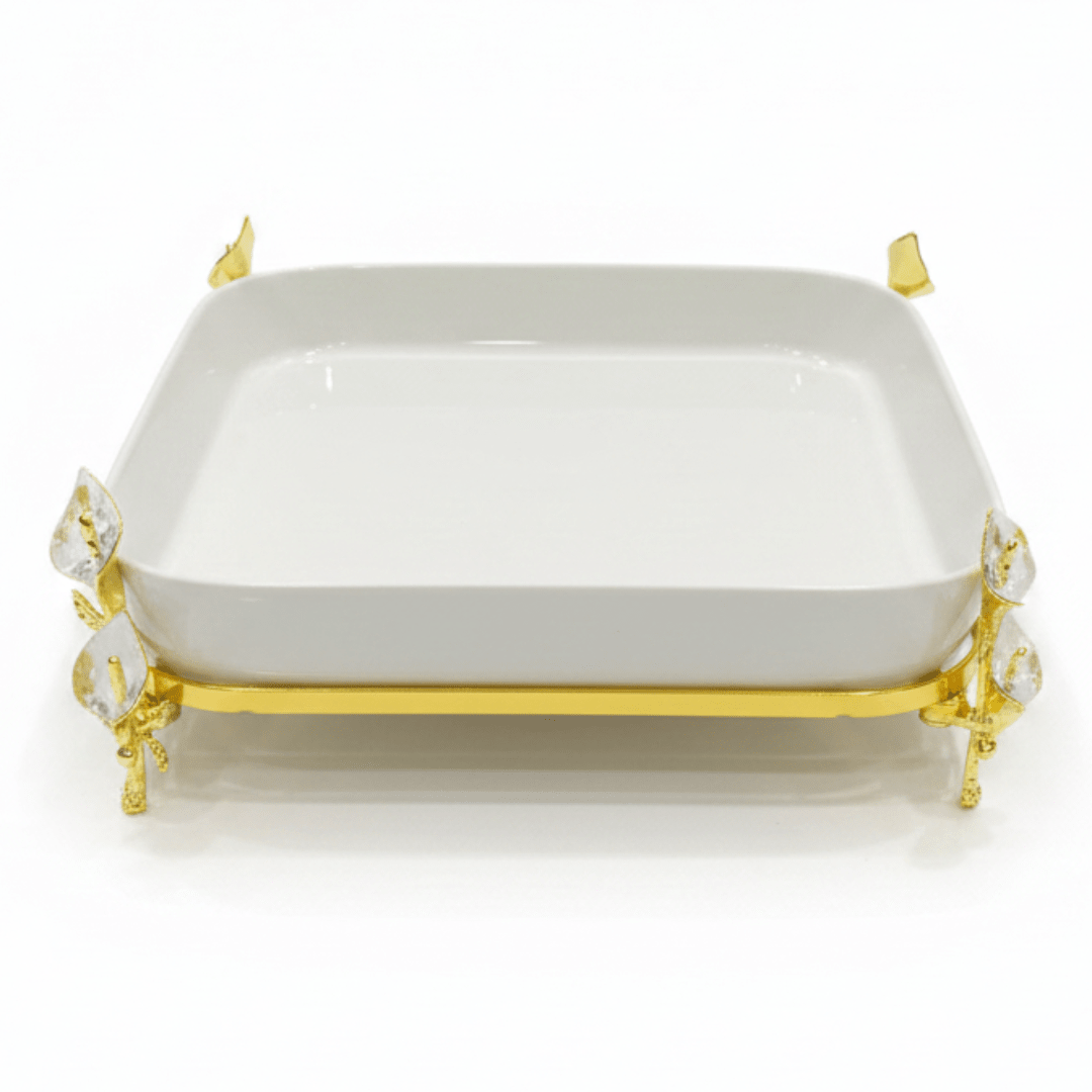 Silu White Ceramic Square Serving Tray with Ornate Golden Metal Base 10 Inch - Al Kabayel Discount CentreSilu White Ceramic Square Serving Tray with Ornate Golden Metal Base 10 InchServing TraysSILUAl Kabayel Discount Centre