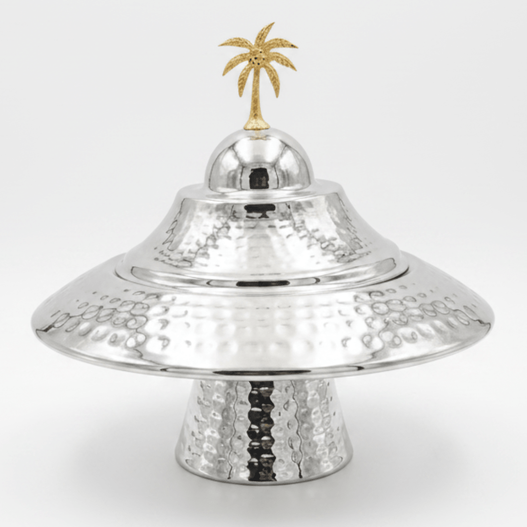 Silver Hammered Metal Footed Round Dates Bowl with Elegant Wide-Brim Lid & Gold Palm Tree Finial — 22×12 cm - Al Kabayel Discount CentreSilver Hammered Metal Footed Round Dates Bowl with Elegant Wide-Brim Lid & Gold Palm Tree Finial — 22×12 cmBowlsAKDCAl Kabayel Discount Centre