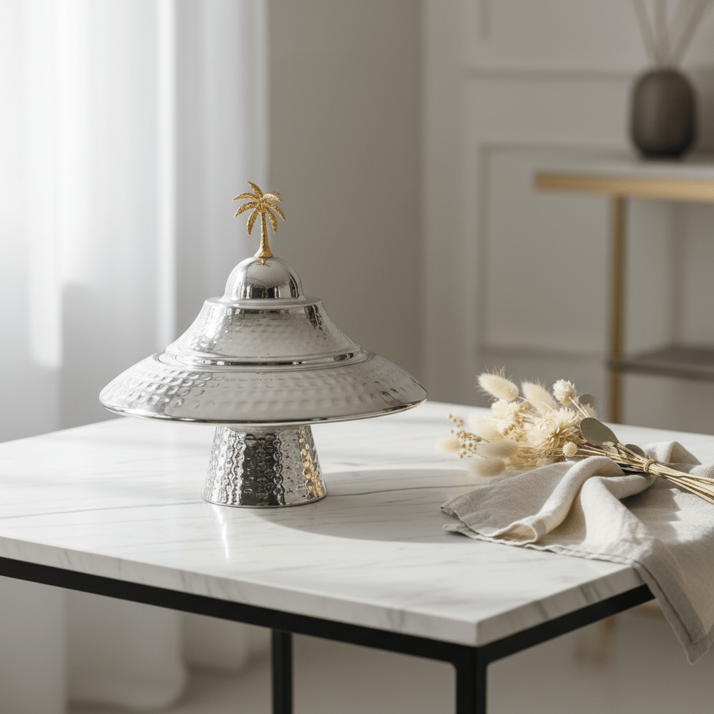 Silver Hammered Metal Footed Round Dates Bowl with Elegant Wide-Brim Lid & Gold Palm Tree Finial — 22×12 cm - Al Kabayel Discount CentreSilver Hammered Metal Footed Round Dates Bowl with Elegant Wide-Brim Lid & Gold Palm Tree Finial — 22×12 cmBowlsAKDCAl Kabayel Discount Centre