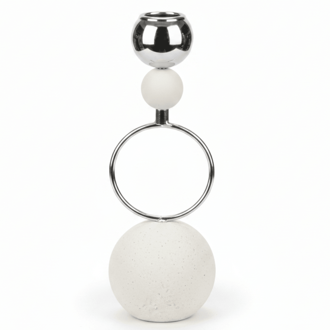 Silver Metal Candle Holder with White Round Chalk Base for Table Centerpieces – 23cm - Al Kabayel Discount CentreSilver Metal Candle Holder with White Round Chalk Base for Table Centerpieces – 23cmHome Décor AccentsAKDCAl Kabayel Discount Centre