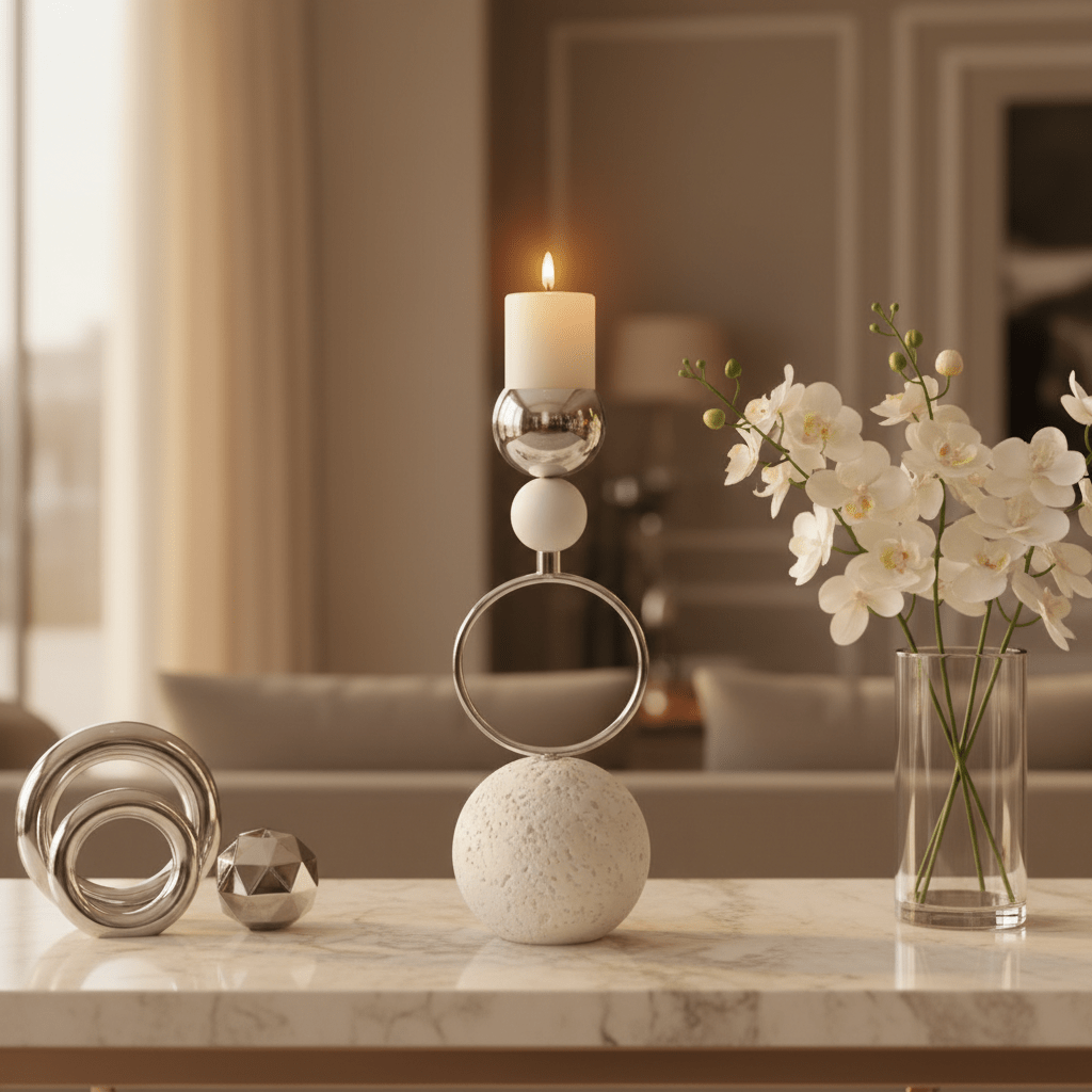 Silver Metal Candle Holder with White Round Chalk Base for Table Centerpieces – 23cm - Al Kabayel Discount CentreSilver Metal Candle Holder with White Round Chalk Base for Table Centerpieces – 23cmHome Décor AccentsAKDCAl Kabayel Discount Centre