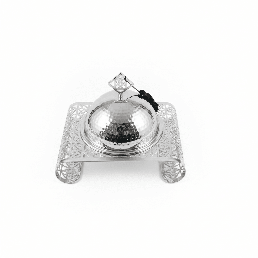 Silver Metal Candy Plate with Dome Lid & Ornate Base - 25×20cm - Al Kabayel Discount CentreSilver Metal Candy Plate with Dome Lid & Ornate Base - 25×20cmServing TraysAKDCAl Kabayel Discount Centre