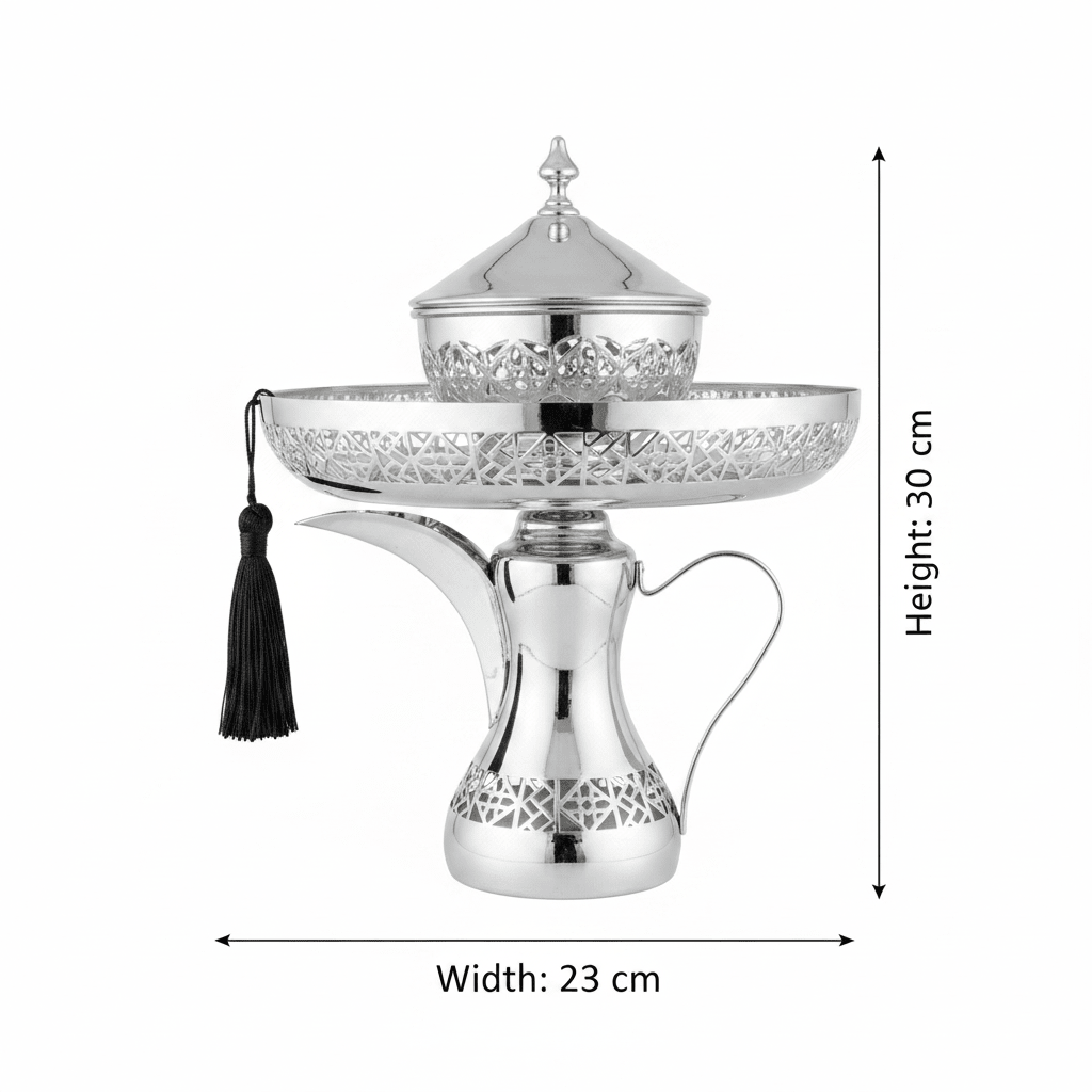 Silver Metal Candy Tray with Dallah Base - 30×23 cm - Al Kabayel Discount CentreSilver Metal Candy Tray with Dallah Base - 30×23 cmServing TraysAKDCAl Kabayel Discount Centre