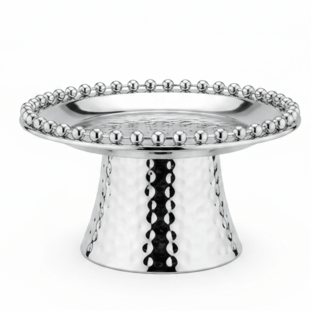 Silver Metal Footed Round Candy & Dates Tray with Beaded Rim | Hammered Pedestal Serving Dish | - Al Kabayel Discount CentreSilver Metal Footed Round Candy & Dates Tray with Beaded Rim | Hammered Pedestal Serving Dish |Serving TraysAKDCAl Kabayel Discount Centre