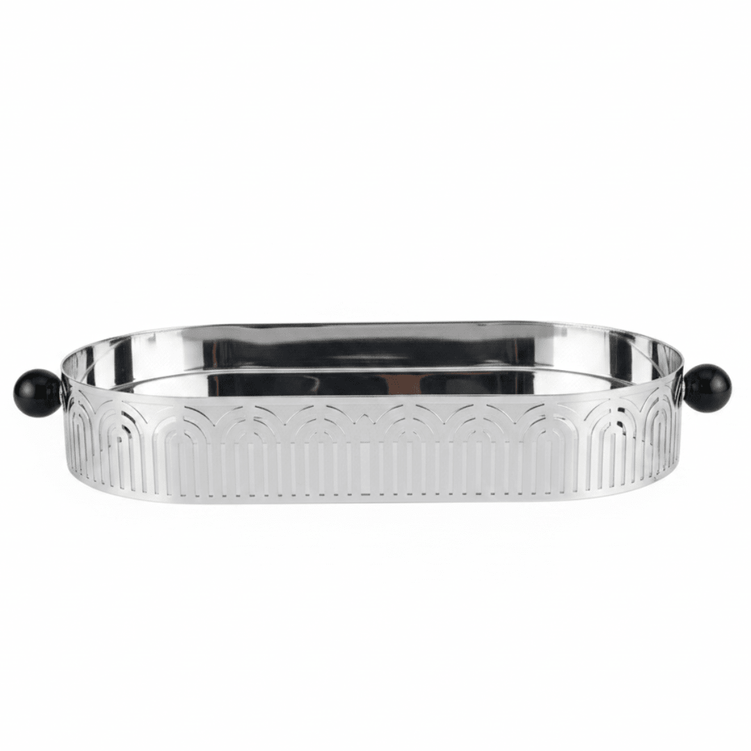 Silver Metal Oval Candy & Serving Tray with Elegant Black Handles | Ornate Arch Cutout Design | 30×15cm | - Al Kabayel Discount CentreSilver Metal Oval Candy & Serving Tray with Elegant Black Handles | Ornate Arch Cutout Design | 30×15cm |Serving TraysAKDCAl Kabayel Discount Centre