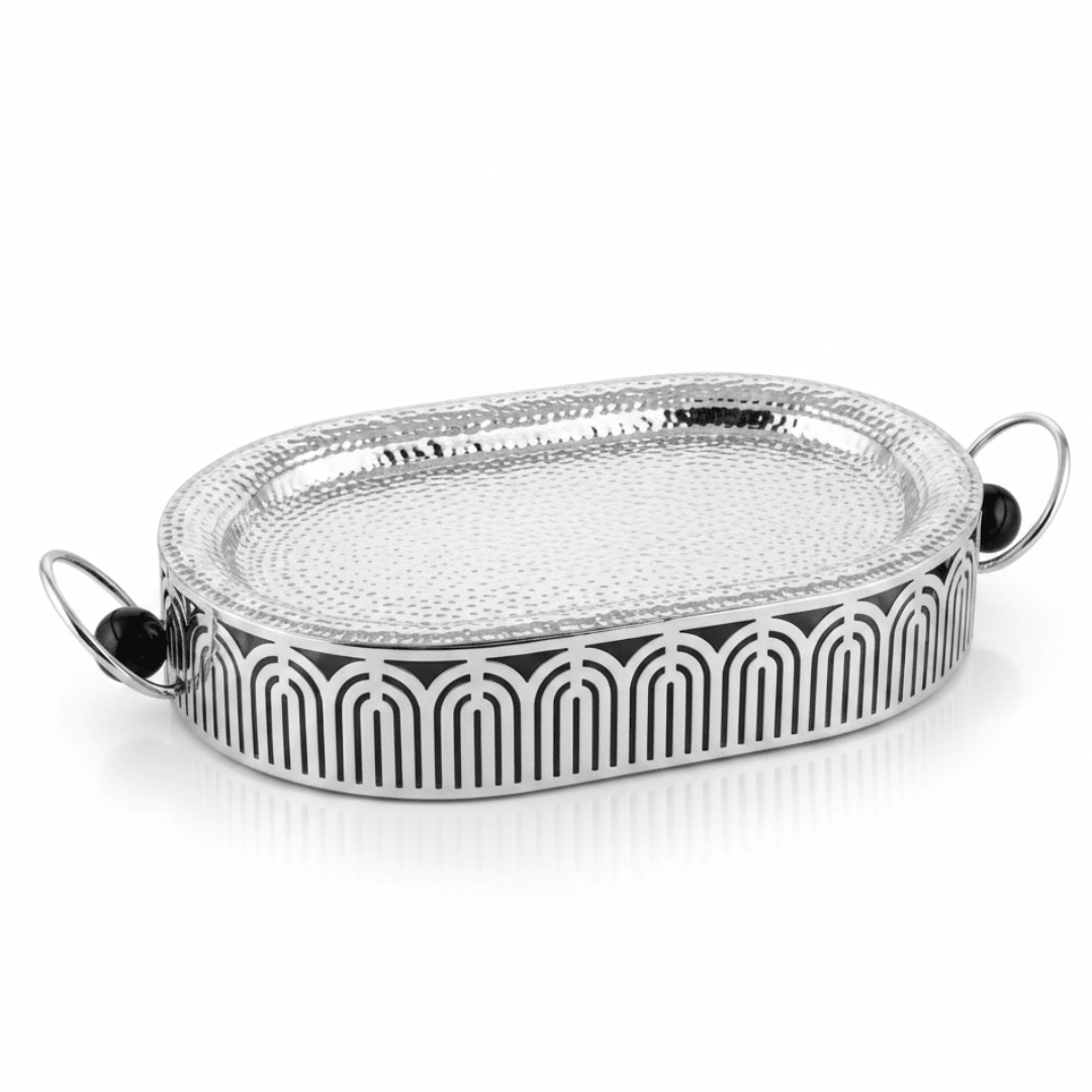 Silver Metal Oval Candy & Serving Tray with Elegant Side Handles and Geometric Arch Stand | Hammered Finish | Premium Hospitality Décor | - Al Kabayel Discount CentreSilver Metal Oval Candy & Serving Tray with Elegant Side Handles and Geometric Arch Stand | Hammered Finish | Premium Hospitality Décor |Serving TraysAKDCAl Kabayel Discount Centre