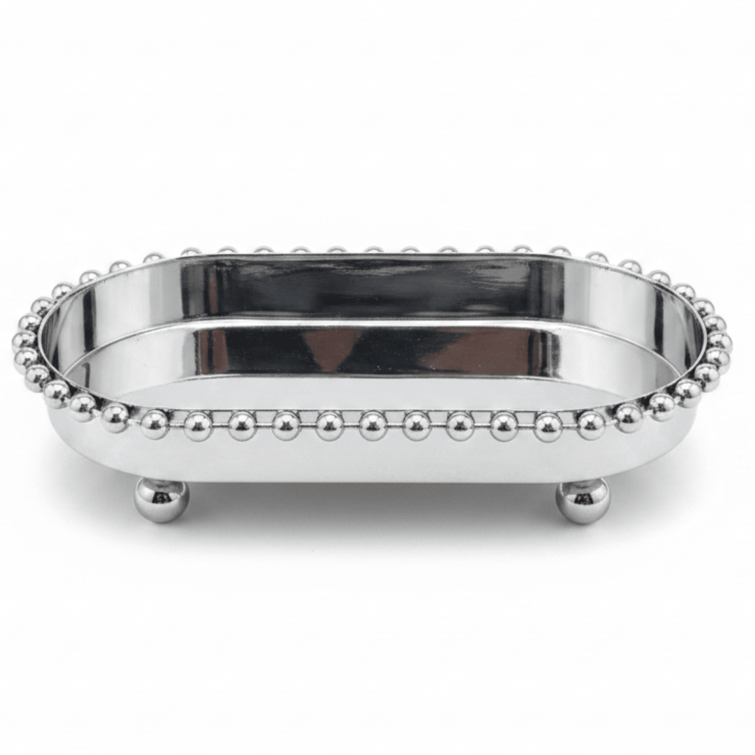 Silver Metal Oval Candy & Sweets Serving Tray with Beaded Pearl Border and Ball Feet — 20×10 cm - Al Kabayel Discount CentreSilver Metal Oval Candy & Sweets Serving Tray with Beaded Pearl Border and Ball Feet — 20×10 cmServing TraysAKDCAl Kabayel Discount Centre