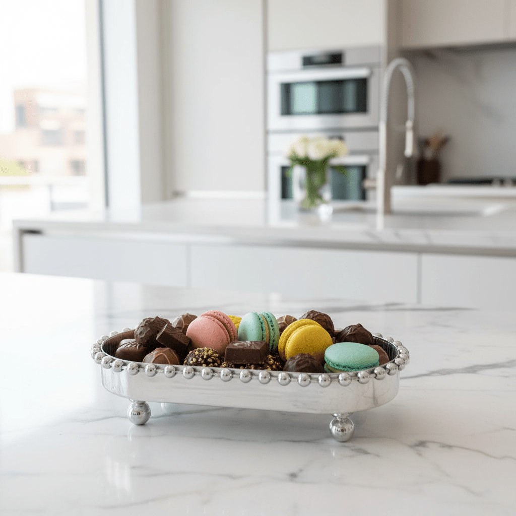 Silver Metal Oval Candy & Sweets Serving Tray with Beaded Pearl Border and Ball Feet — 20×10 cm - Al Kabayel Discount CentreSilver Metal Oval Candy & Sweets Serving Tray with Beaded Pearl Border and Ball Feet — 20×10 cmServing TraysAKDCAl Kabayel Discount Centre
