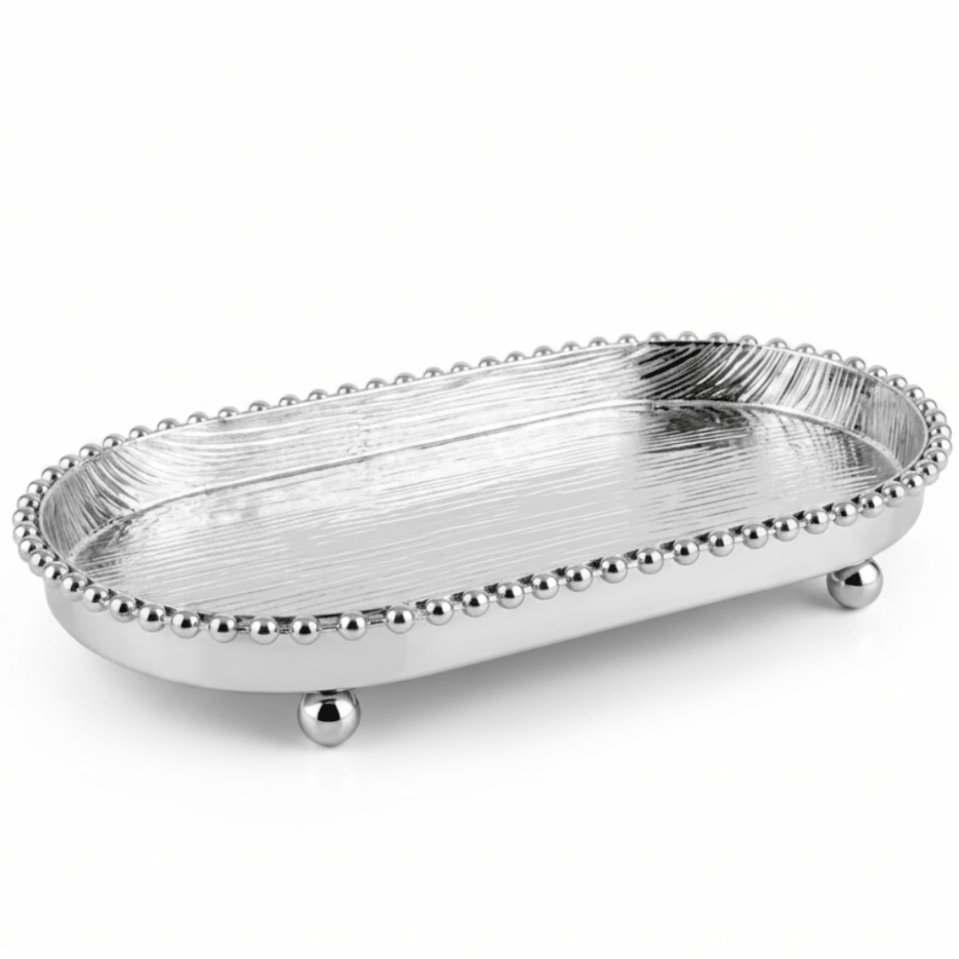 Silver Metal Oval Candy & Sweets Serving Tray with Beaded Pearl Border and Ball Feet — 20×10 cm - Al Kabayel Discount CentreSilver Metal Oval Candy & Sweets Serving Tray with Beaded Pearl Border and Ball Feet — 20×10 cmServing TraysAKDCAl Kabayel Discount Centre