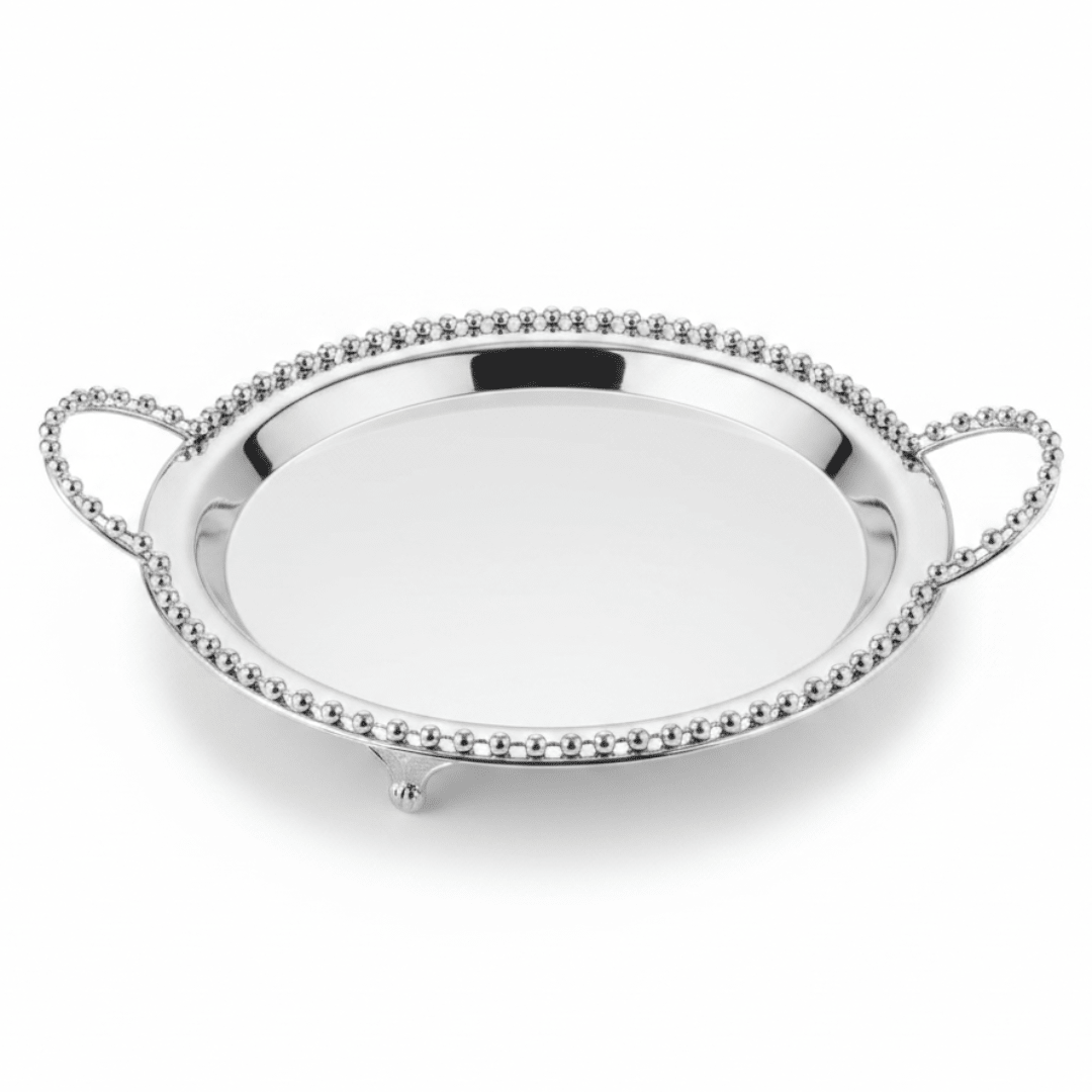 Silver Metal Round Candy Tray with Decorative Beaded Rim and Ornate Handles - Al Kabayel Discount CentreSilver Metal Round Candy Tray with Decorative Beaded Rim and Ornate HandlesServing TraysAKDCAl Kabayel Discount Centre