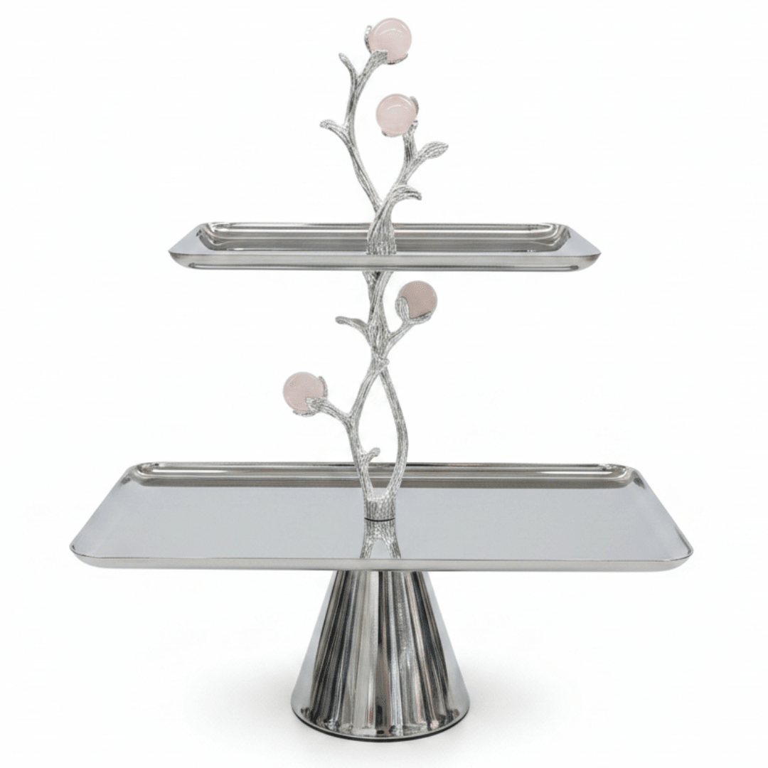 Silver Stainless Steel Footed 2-Tier Rectangular Cake & Dessert Tray Stand with Decorative Floral Branch Stem | 20×15cm & 30×20cm | - Al Kabayel Discount CentreSilver Stainless Steel Footed 2-Tier Rectangular Cake & Dessert Tray Stand with Decorative Floral Branch Stem | 20×15cm & 30×20cm |Serving TraysAKDCAl Kabayel Discount Centre