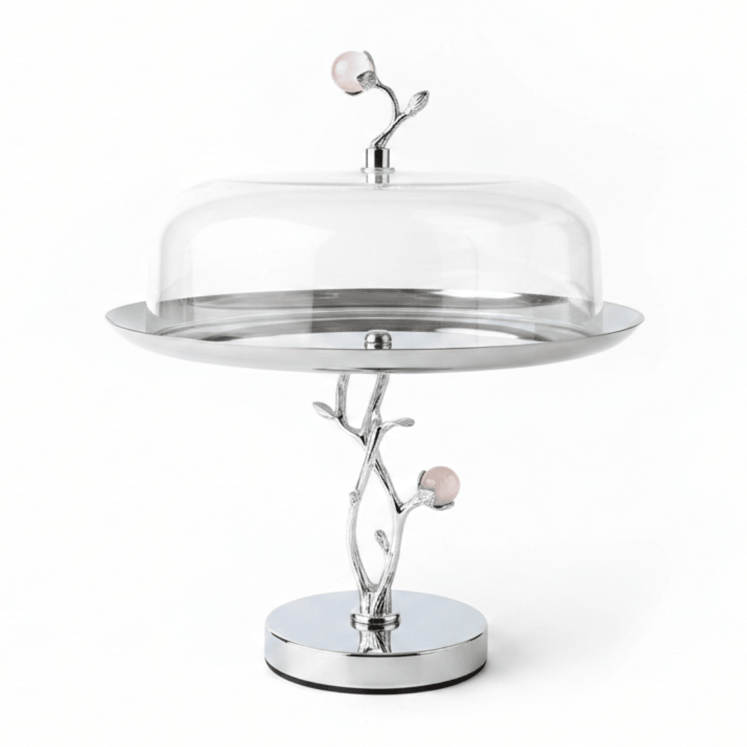 Silver Stainless Steel Footed Cake Stand with Clear Acrylic Dome Cover | 25×25 cm | - Al Kabayel Discount CentreSilver Stainless Steel Footed Cake Stand with Clear Acrylic Dome Cover | 25×25 cm |Serving TraysAKDCAl Kabayel Discount Centre