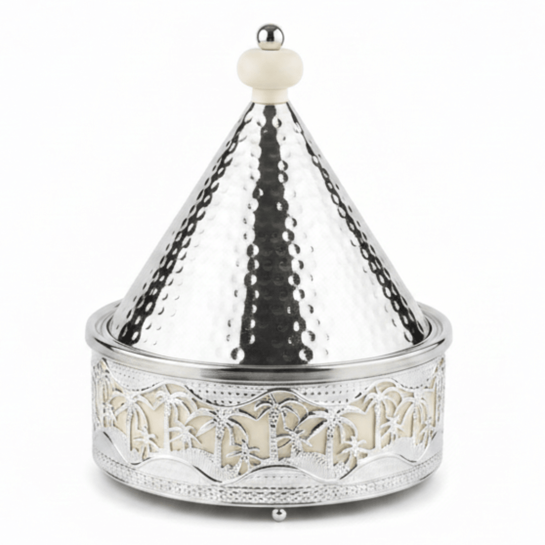 Silver Stainless Steel Moroccan Tajine with Palm Tree Design — 22.5cm - Al Kabayel Discount CentreSilver Stainless Steel Moroccan Tajine with Palm Tree Design — 22.5cmServing TraysAKDCAl Kabayel Discount Centre