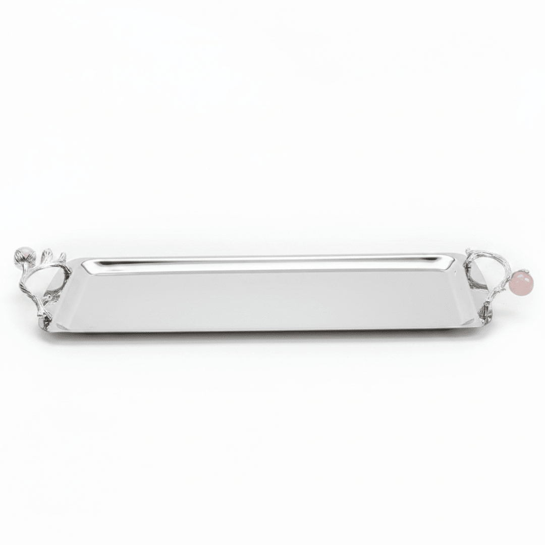Silver Stainless Steel Rectangle Cake & Serving Tray with Ornate Floral Handles & Rose Quartz Accent – 35×12cm / 45×12cm - Al Kabayel Discount CentreSilver Stainless Steel Rectangle Cake & Serving Tray with Ornate Floral Handles & Rose Quartz Accent – 35×12cm / 45×12cmServing TraysAKDCAl Kabayel Discount Centre