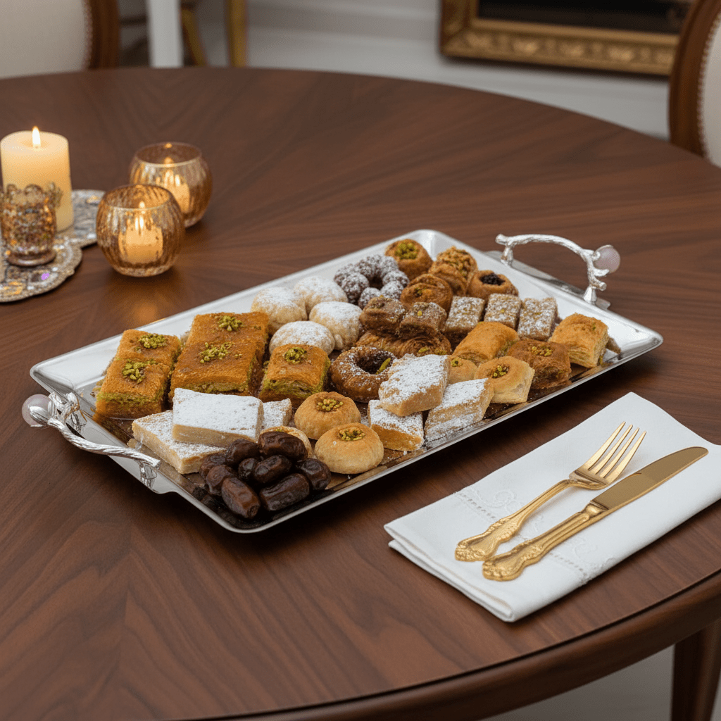 Silver Stainless Steel Rectangle Cake Tray with Ornate Handles — 40×25 cm | - Al Kabayel Discount CentreSilver Stainless Steel Rectangle Cake Tray with Ornate Handles — 40×25 cm |Serving TraysAKDCAl Kabayel Discount Centre