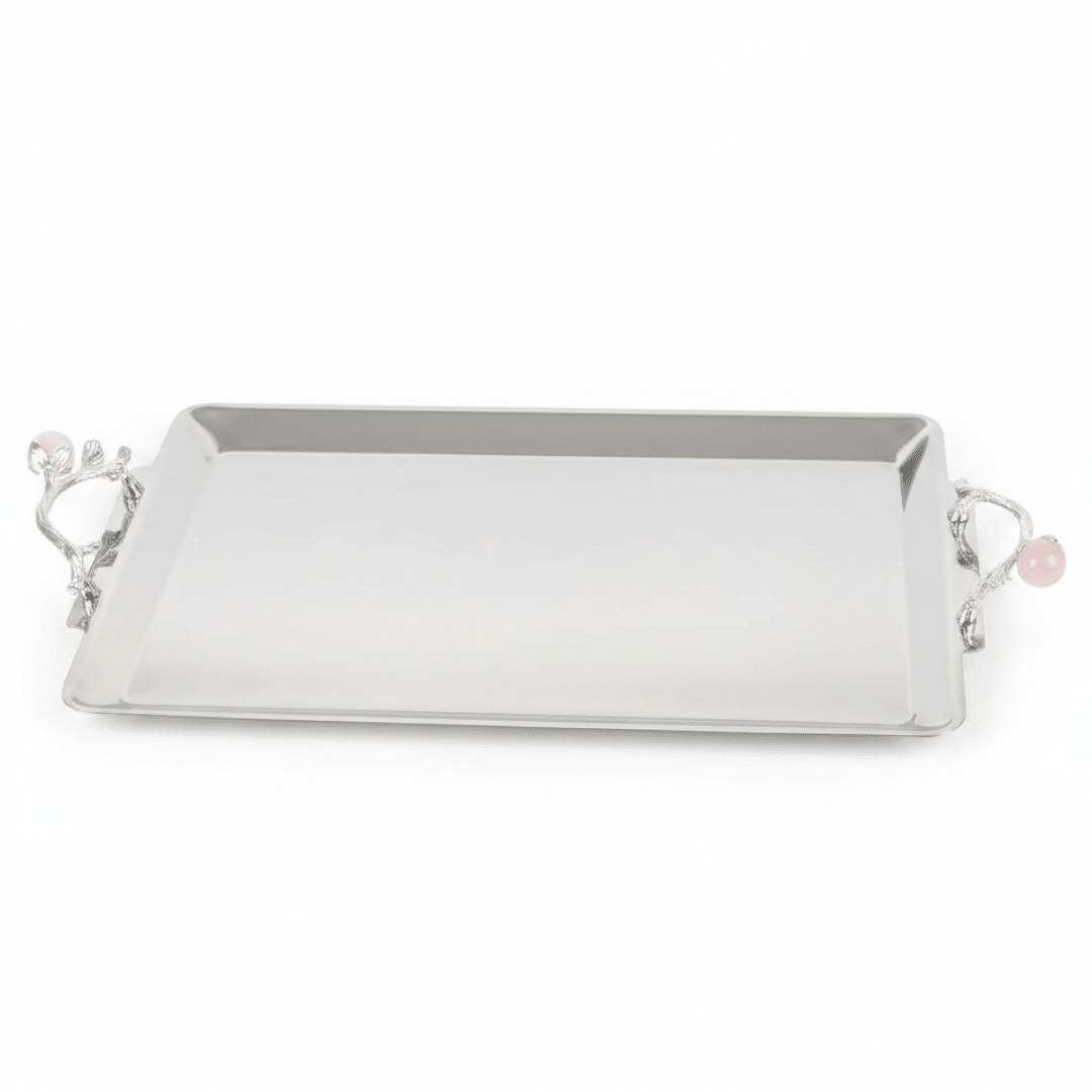 Silver Stainless Steel Rectangle Cake Tray with Ornate Handles — 40×25 cm | - Al Kabayel Discount CentreSilver Stainless Steel Rectangle Cake Tray with Ornate Handles — 40×25 cm |Serving TraysAKDCAl Kabayel Discount Centre