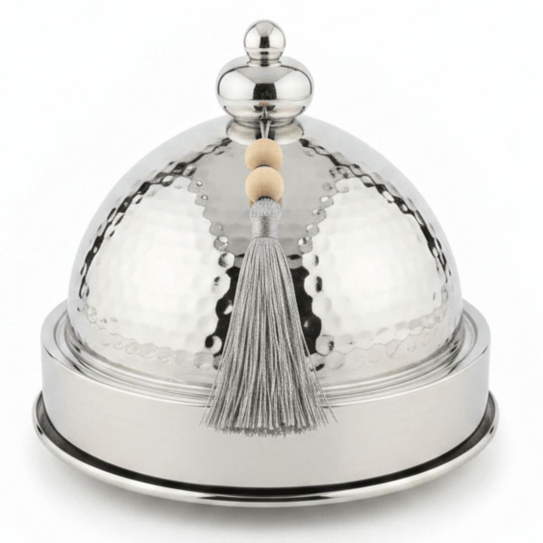 Silver Stainless Steel Round Tajine Serving Bowl 19cm — Hammered Dome Lid | Luxury Tableware - Al Kabayel Discount CentreSilver Stainless Steel Round Tajine Serving Bowl 19cm — Hammered Dome Lid | Luxury TablewareServing TraysAKDCAl Kabayel Discount Centre