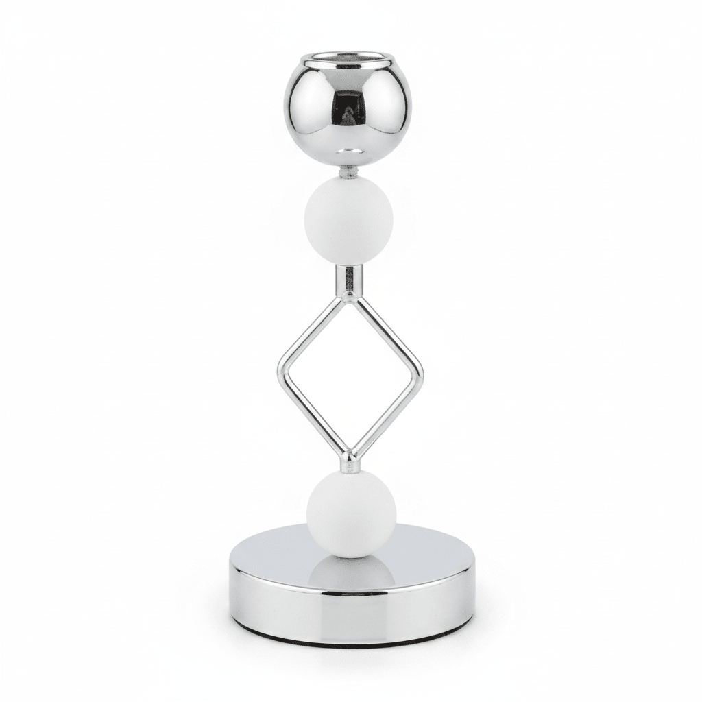 Silver & White Metal Decorative Candle Holder for Living Room Decoration – 19cm - Al Kabayel Discount CentreSilver & White Metal Decorative Candle Holder for Living Room Decoration – 19cmHome Décor AccentsAKDCAl Kabayel Discount Centre